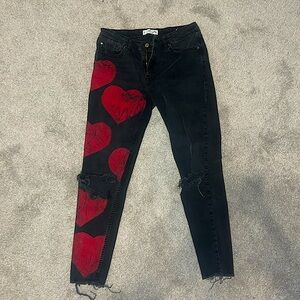 MNG Skinny Fit/Straight Leg Cropped Jeans w/ heart stamps